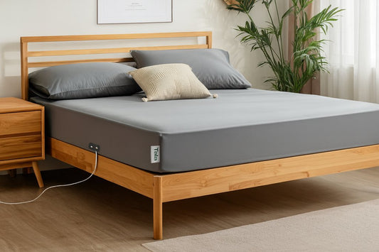 Tala silver grounding sheet on a bed as the science of grounding is explained